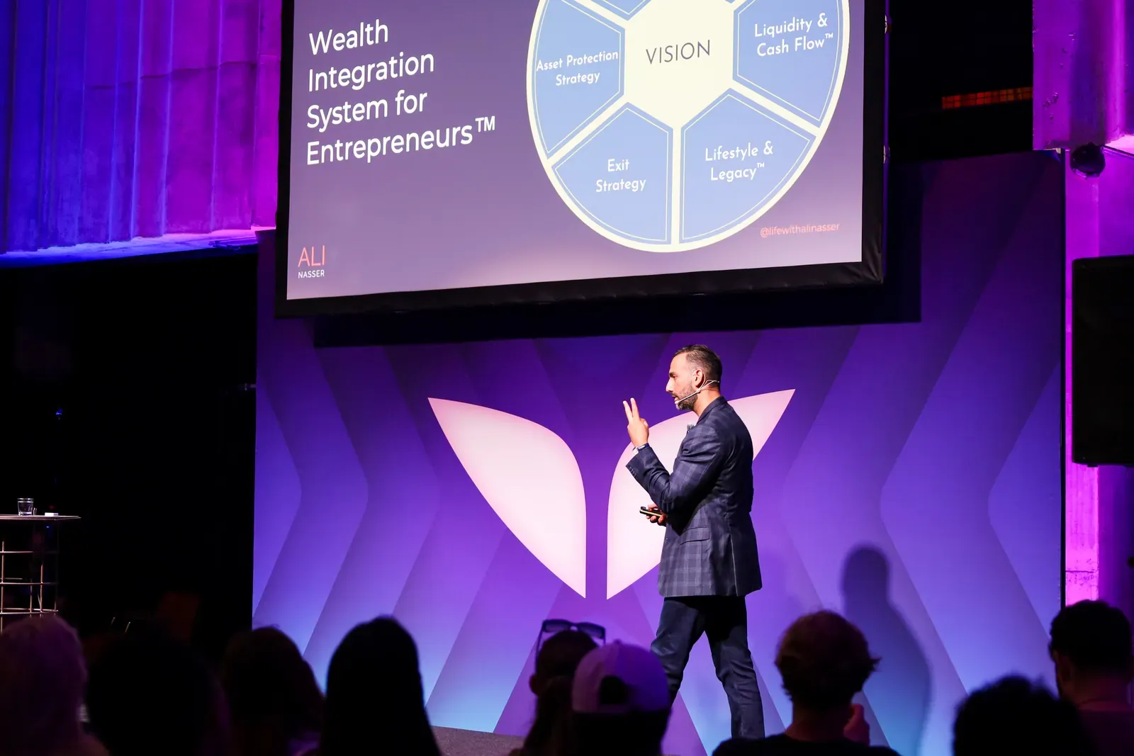 Ali Nasser presenting the Wealth Integration System for Entrepreneurs wheel to a full room