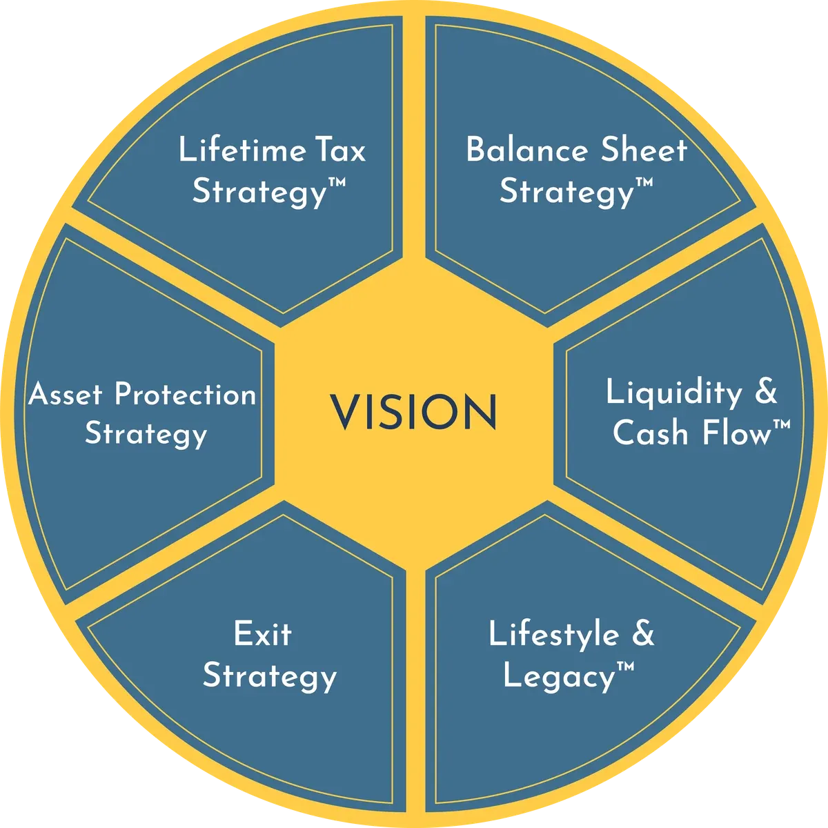 The Six Components of WISE: Vision at the centre, surrounded by Balance Sheet Strategy, Liquidity and Cash Flow, Lifestyle and Legacy, Exit Strategy, Asset Protection Strategy and Lifetime Tax Strategy